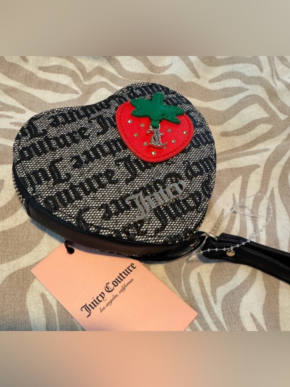 Juicy Couture Black Logo Heart Wristlet with Red & Green Strawberry Accent